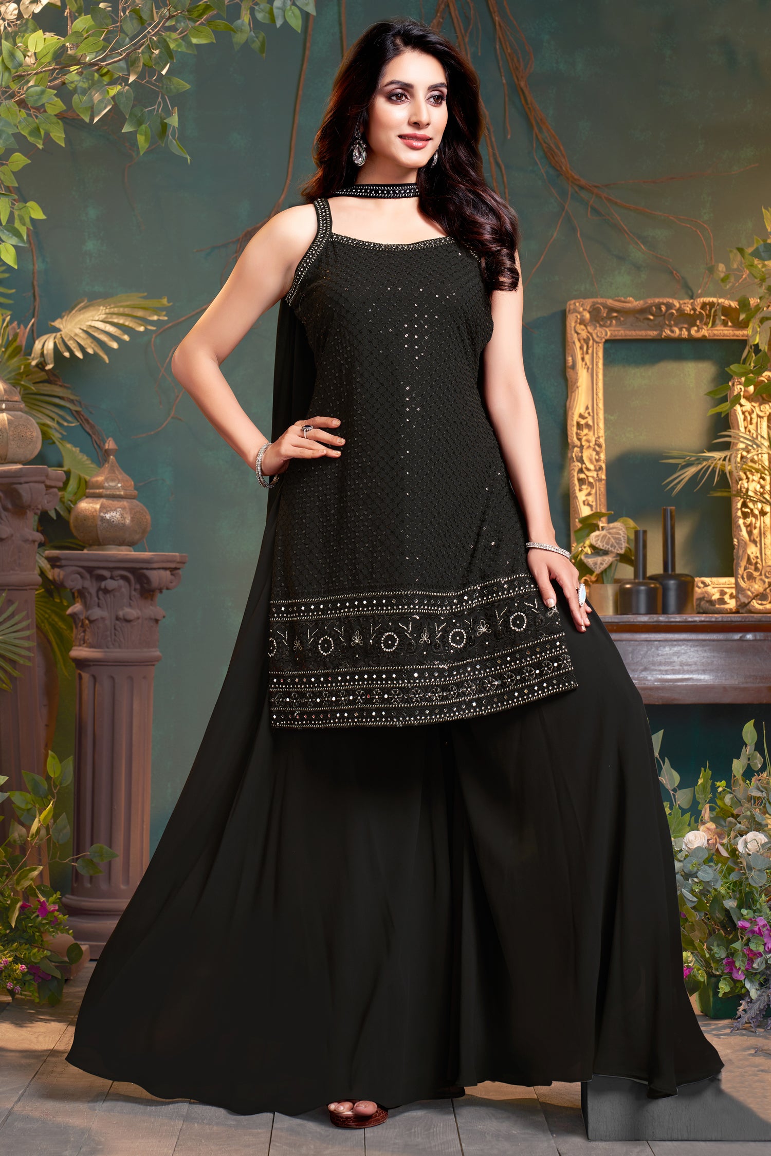 Designer Black Georgette Lucknowi Worked Palazzo Suit for festive and evening wear