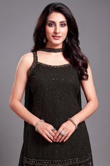 Close-up of intricate Lucknowi work on Black Georgette Palazzo Suit fabric
