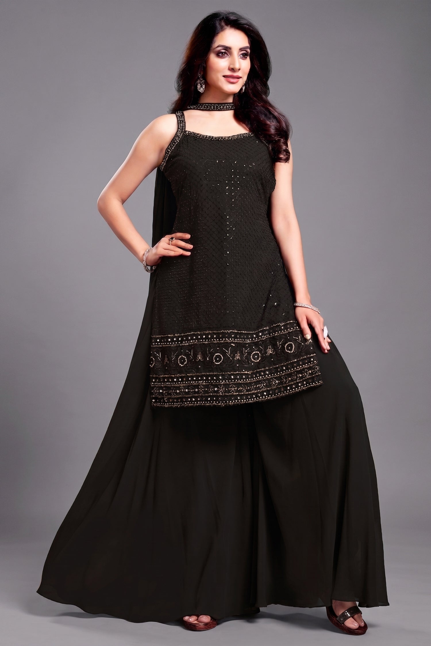 Black Georgette Lucknowi Worked Palazzo Suit with Chikankari Embroidery - Front View