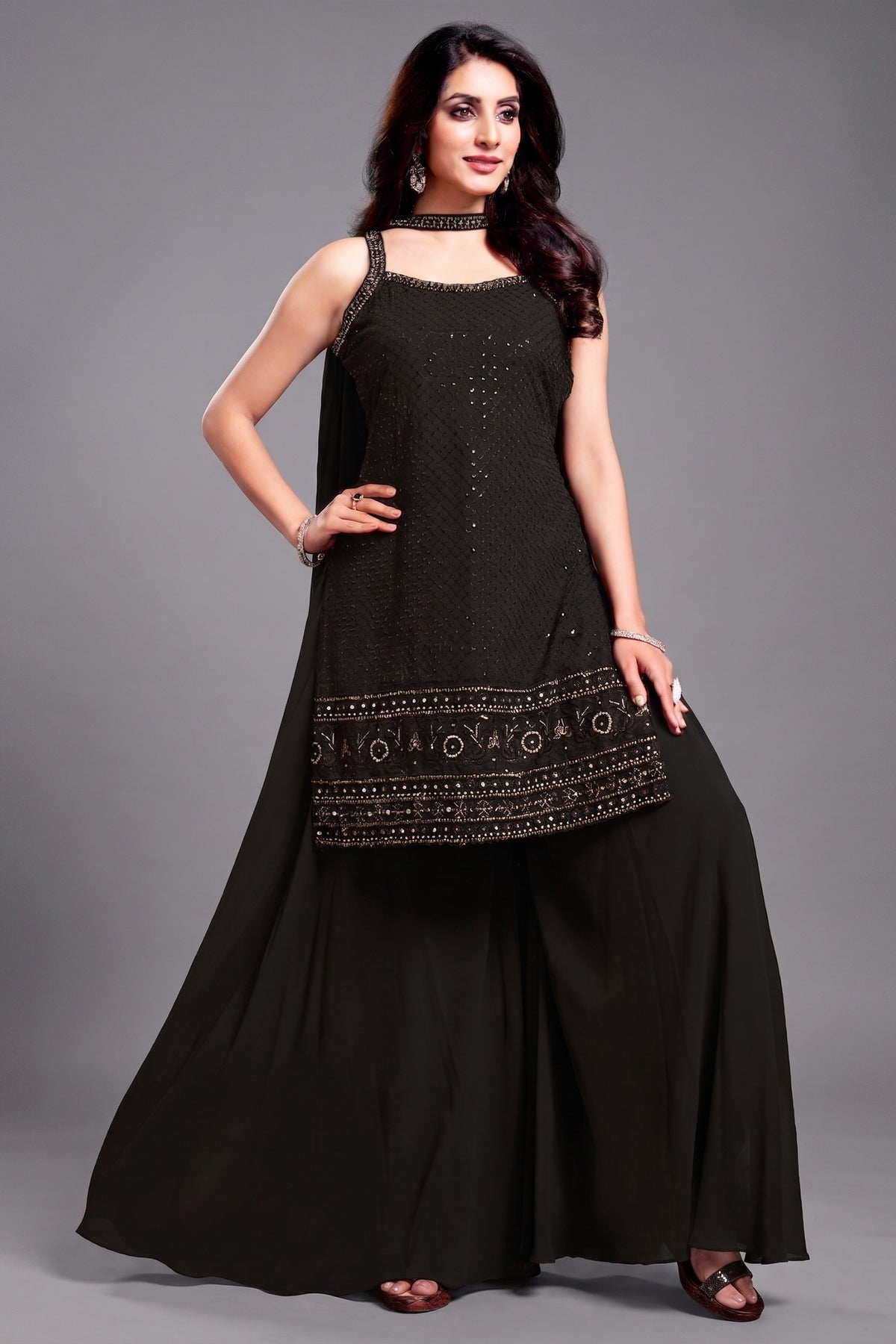 Black Georgette Lucknowi Worked Palazzo Suit with Chikankari Embroidery - Front View