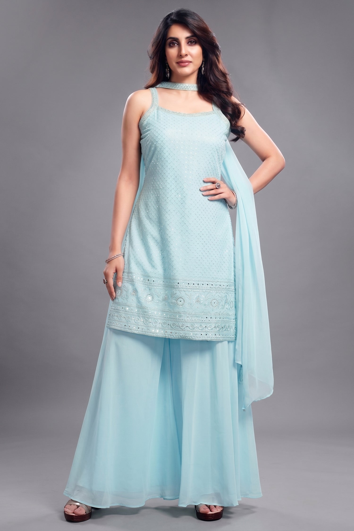 Light Sky Blue Georgette Lucknowi Worked Palazzo Suit - Front View
