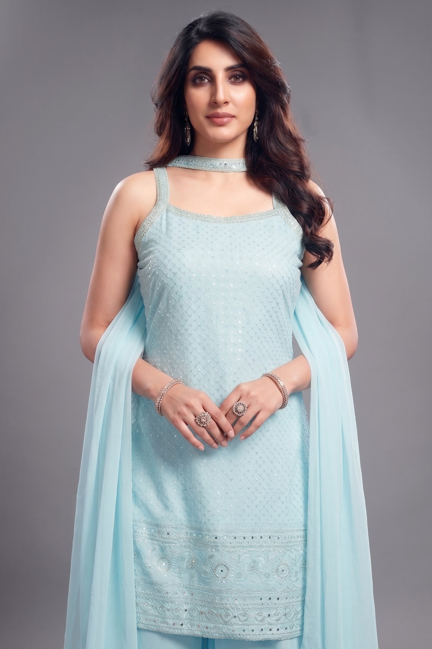 Close-up of intricate Lucknowi Chikankari work on Light Sky Blue Georgette Suit