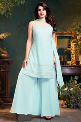 Elegant Light Sky Blue Georgette Lucknowi Worked Palazzo Suit for festive wear