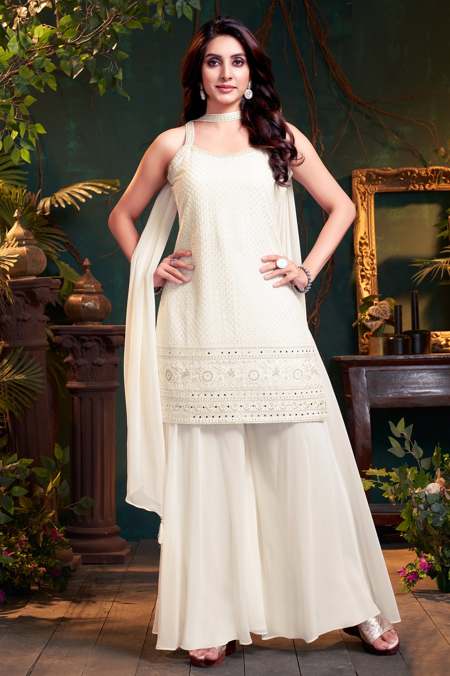 Elegant Off White Georgette Lucknowi Worked Palazzo Suit for festive and wedding wear