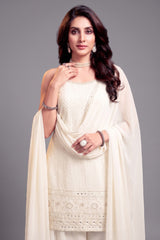 Close-up of intricate Lucknowi Chikankari work on Off White Georgette Palazzo Suit