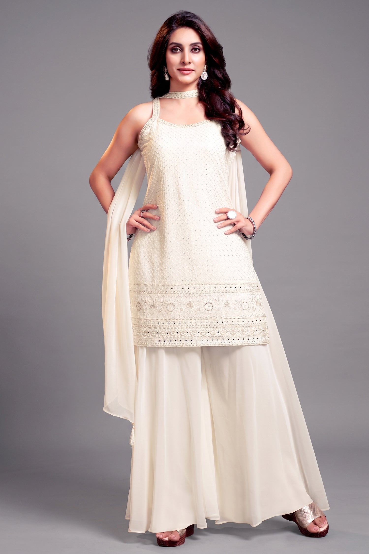 Off White Georgette Lucknowi Worked Palazzo Suit with Traditional Embroidery - Front View