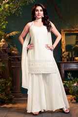 Elegant Off White Georgette Lucknowi Worked Palazzo Suit for festive and wedding wear