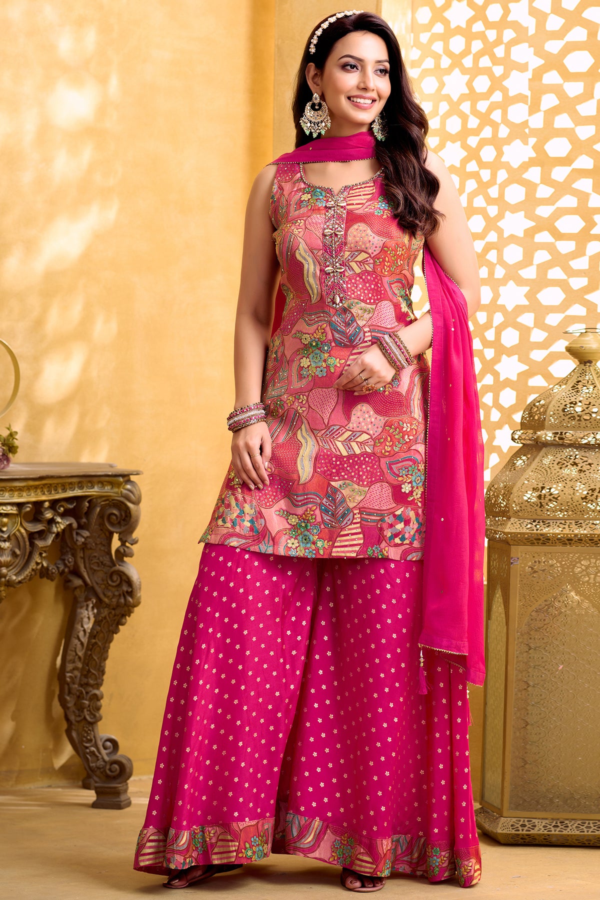 Elegant Pink Tissue Silk Printed Palazzo Suit for festive and wedding wear