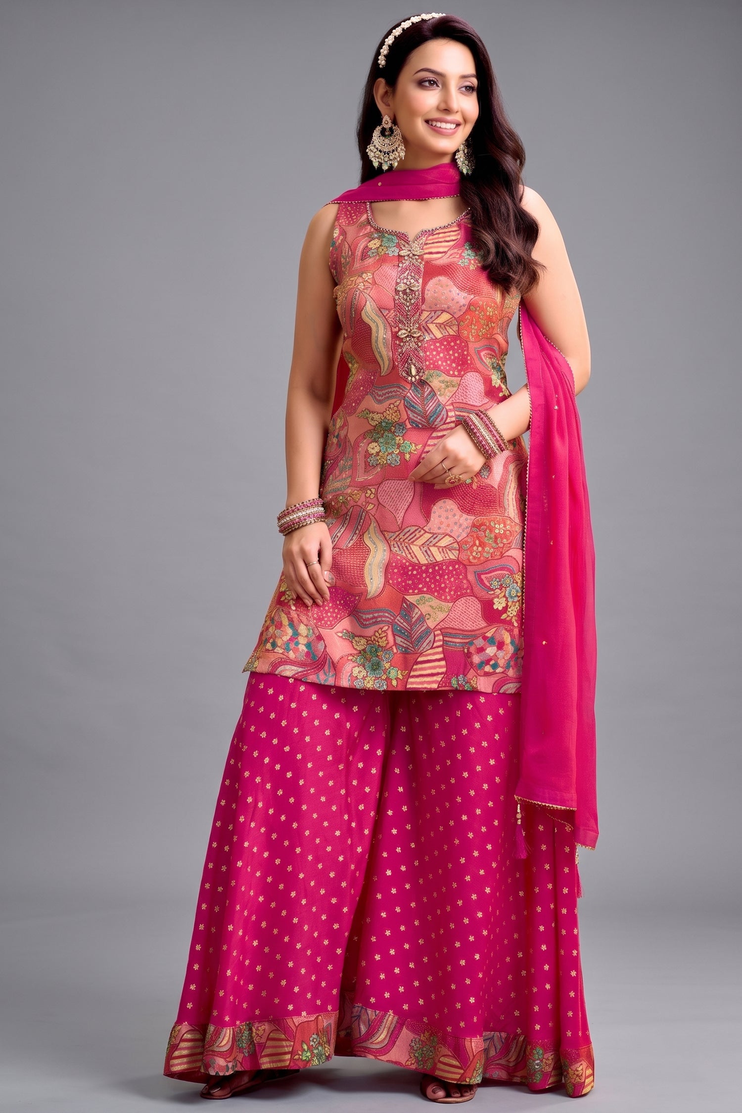 Pink Tissue Silk Printed Palazzo Suit with Floral Patterns - Front View