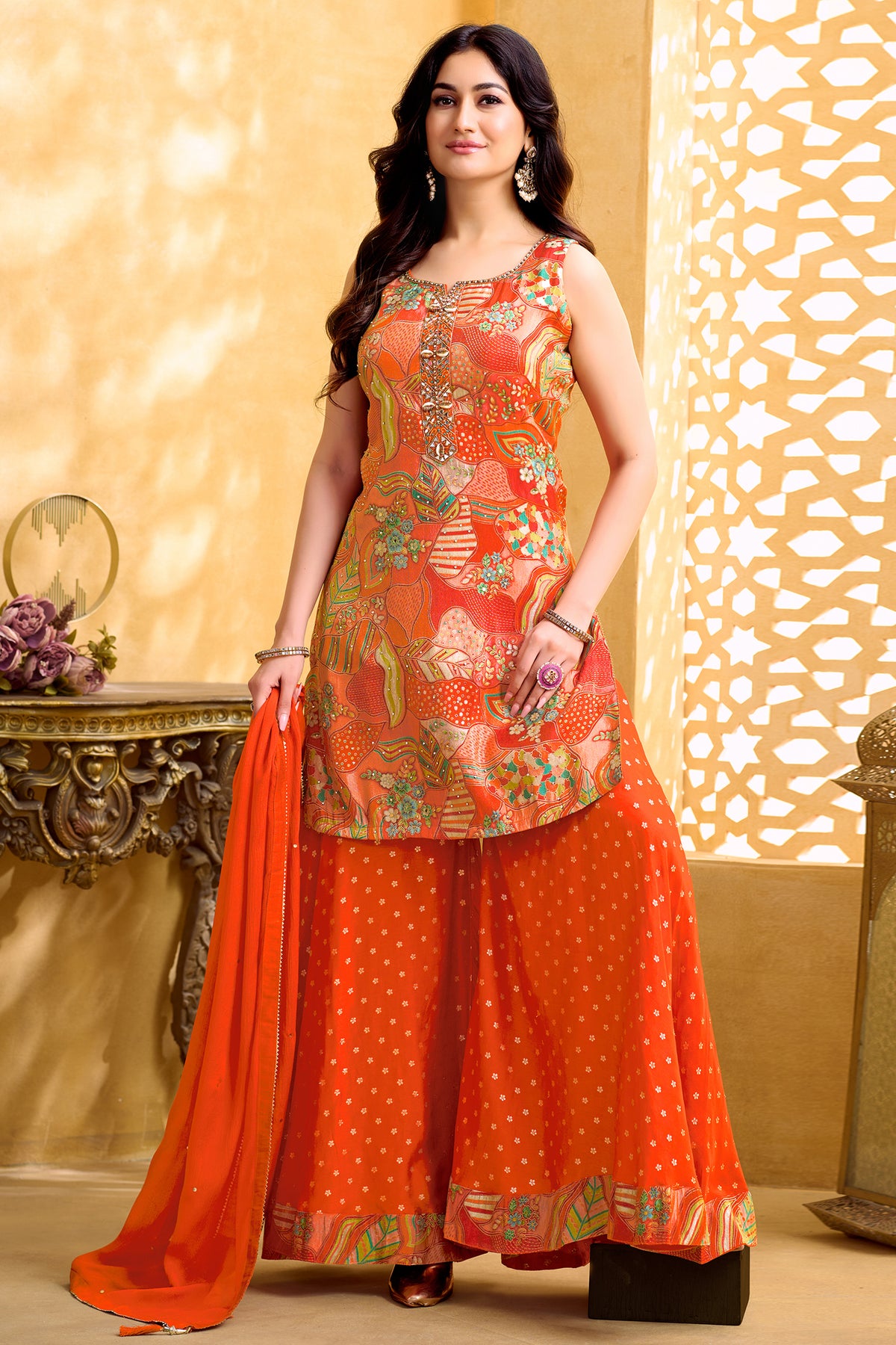 Elegant Orange Tissue Silk Printed Palazzo Suit for festive and wedding wear