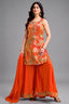 Orange Tissue Silk Printed Palazzo Suit with Floral Patterns - Front View