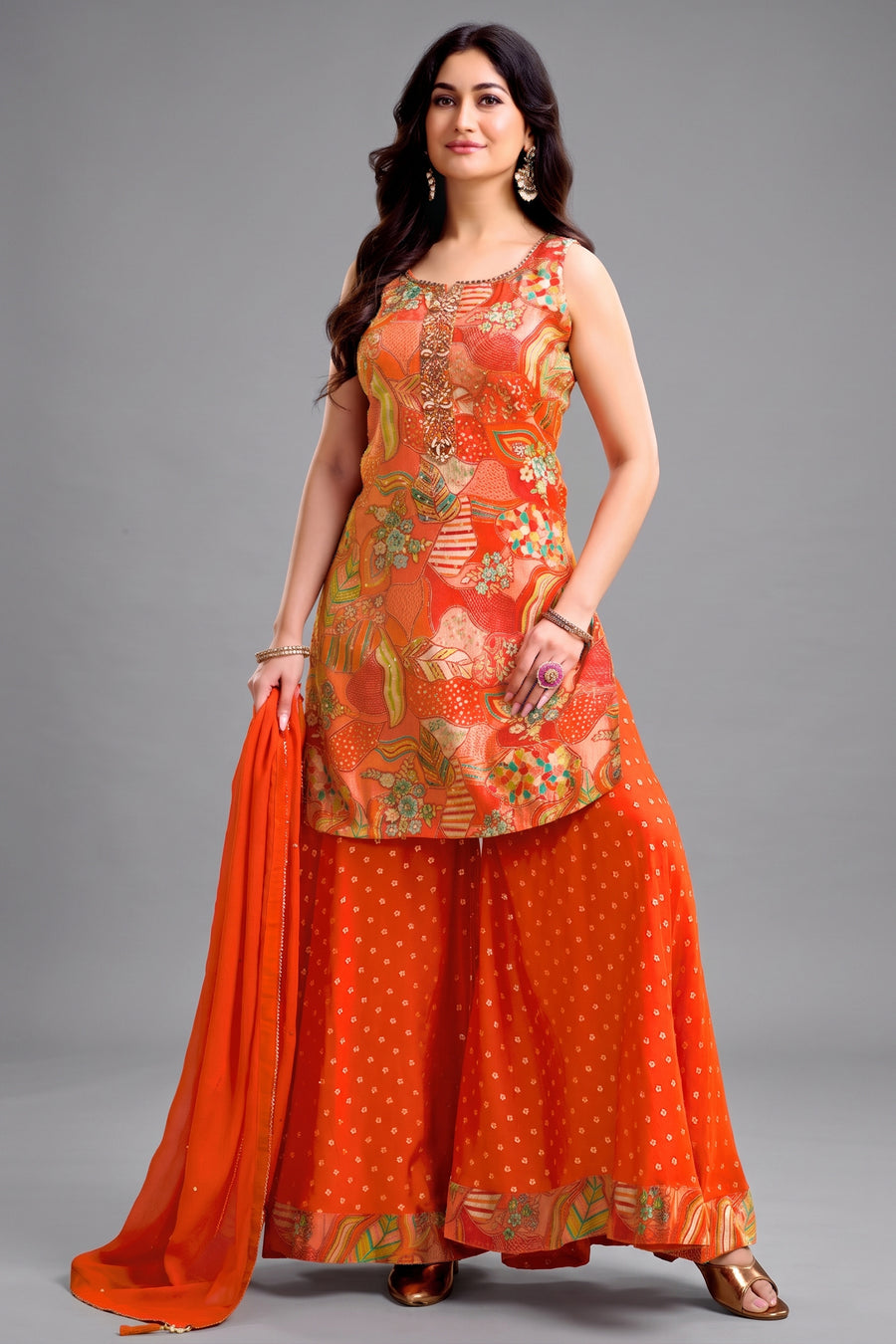 Orange Tissue Silk Printed Palazzo Suit with Floral Patterns - Front View