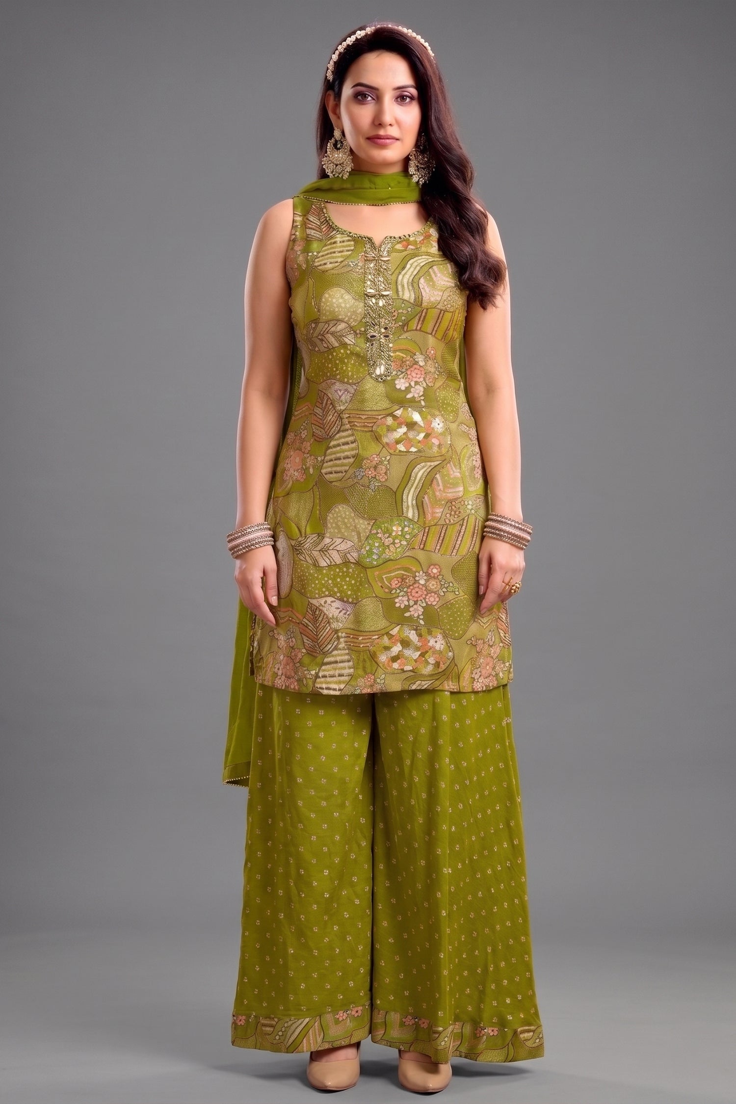 Green Tissue Silk Printed Palazzo Suit with Floral Designs - Front View