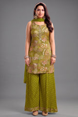 Green Tissue Silk Printed Palazzo Suit with Floral Designs - Front View