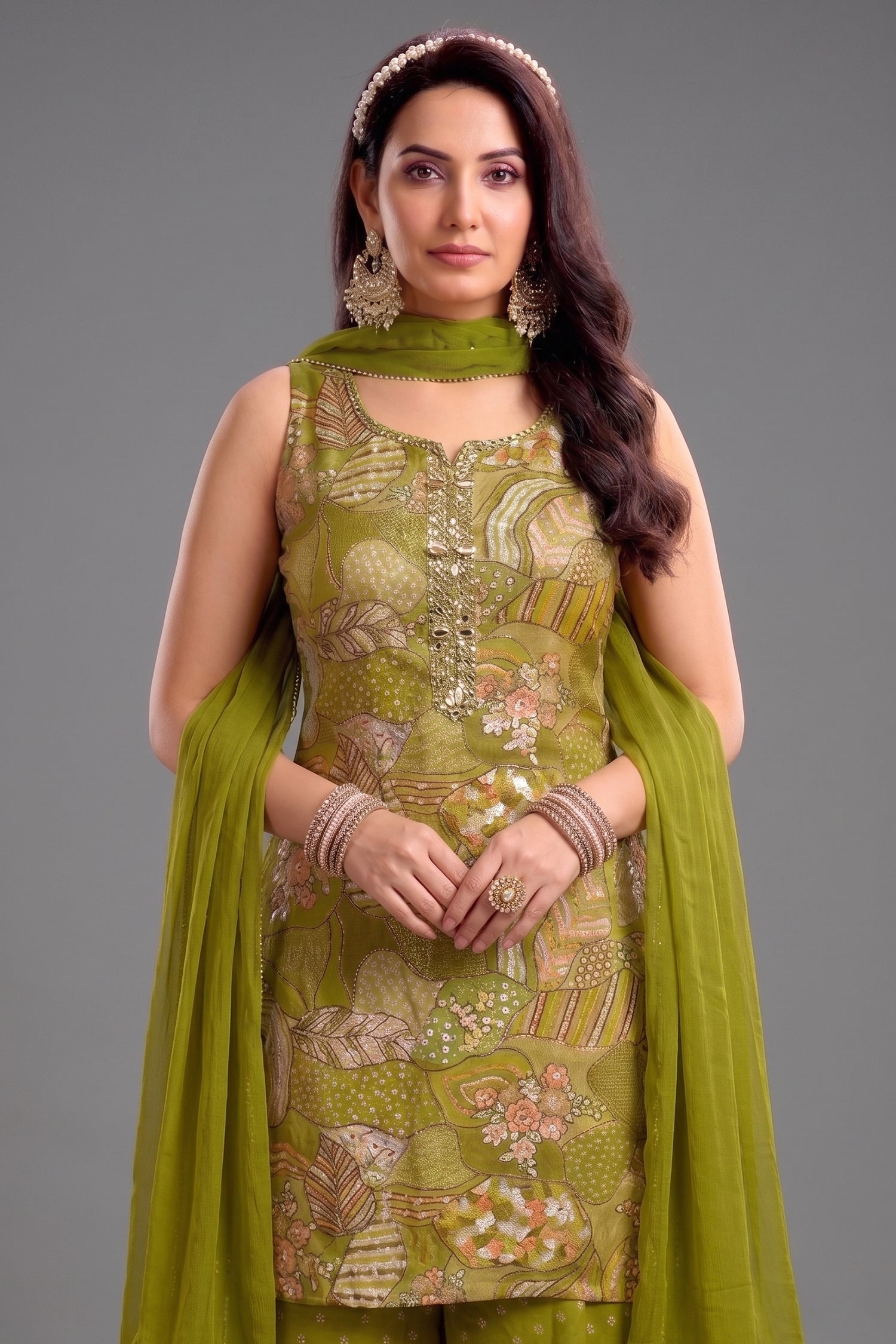Close-up of Green Tissue Silk Printed Palazzo Suit showing fabric texture and print
