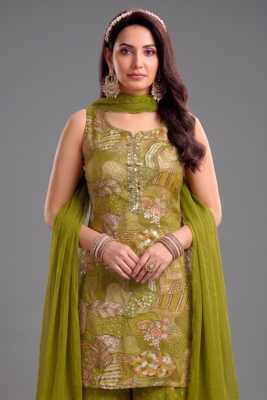 Close-up of Green Tissue Silk Printed Palazzo Suit showing fabric texture and print