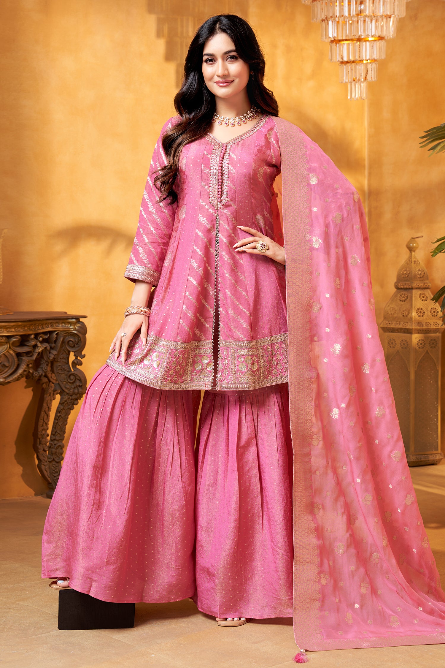 Light Pink Tissue Silk Sharara Suit designer look for weddings and festive wear