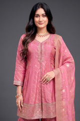 Close-up of woven patterns and fabric texture on Light Pink Tissue Silk Sharara Suit