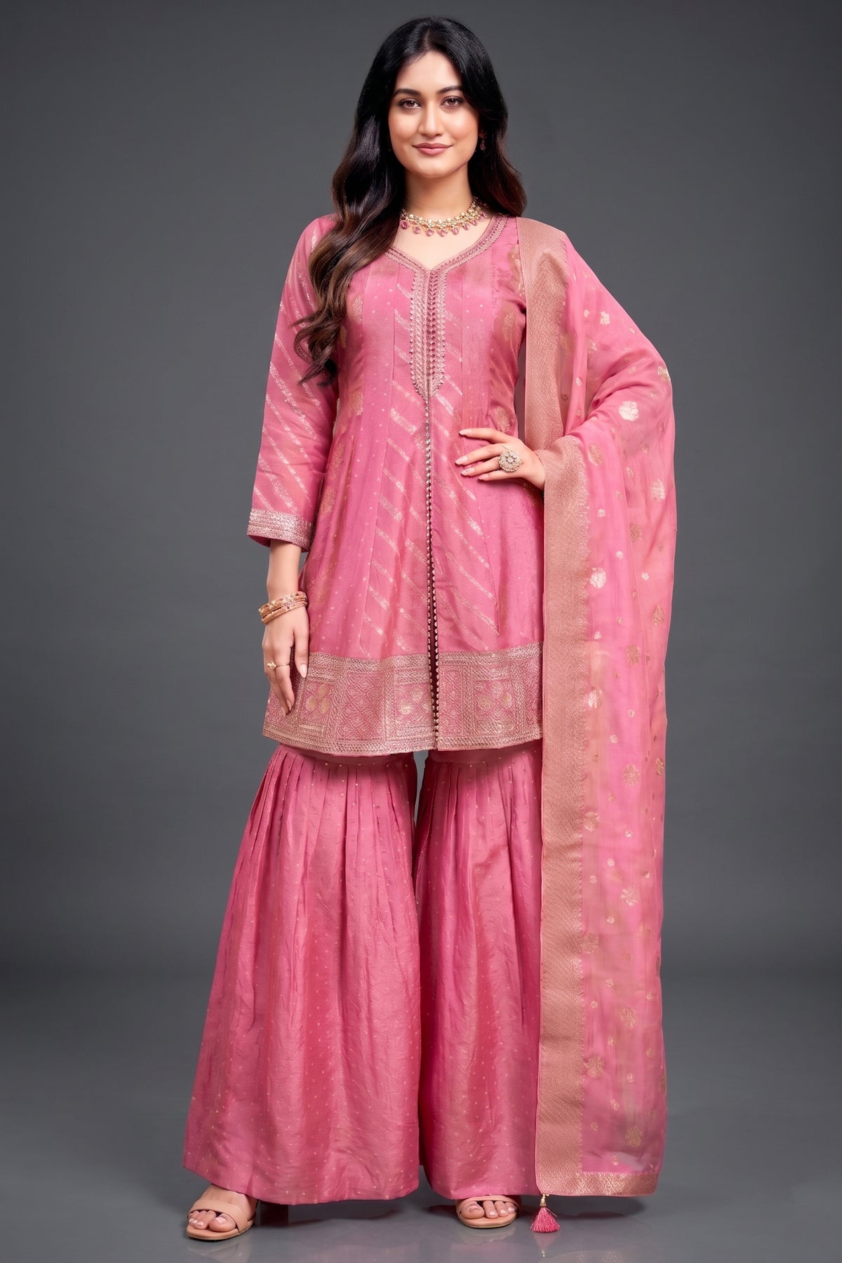 Light Pink Tissue Silk Sharara Suit with Floral Embroidery Front View