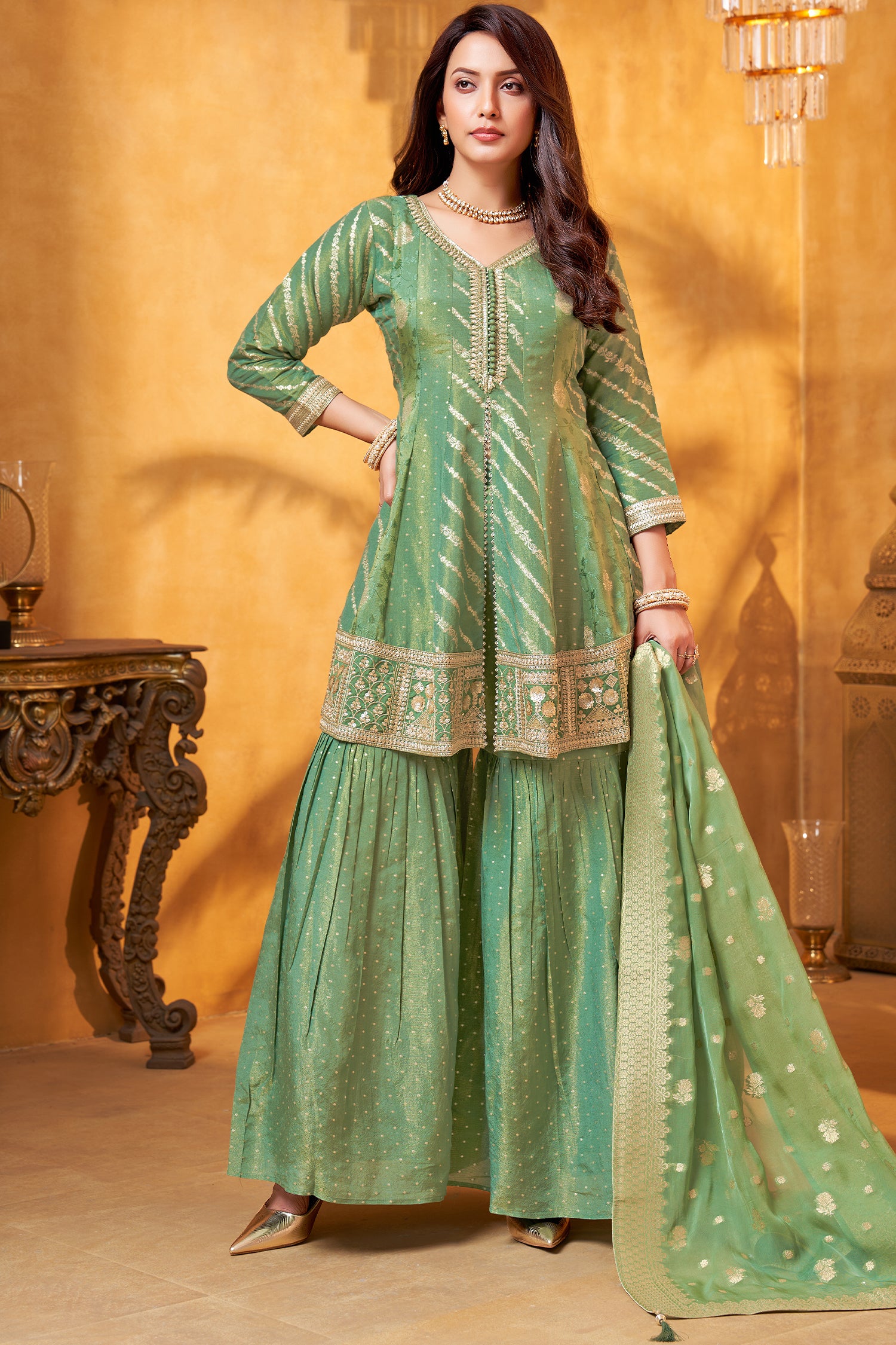 Sea Green Tissue Silk Sharara Suit elegant outfit for festive wear and weddings