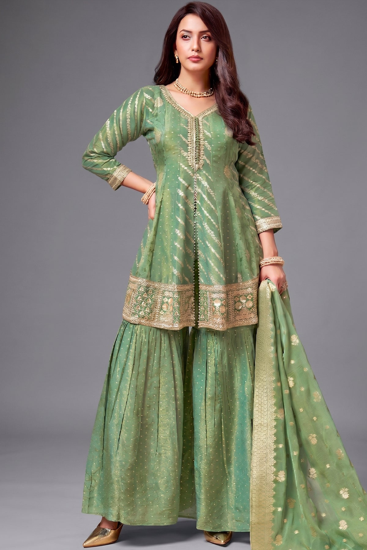 Sea Green Tissue Silk Sharara Suit with Floral Embroidery Front View