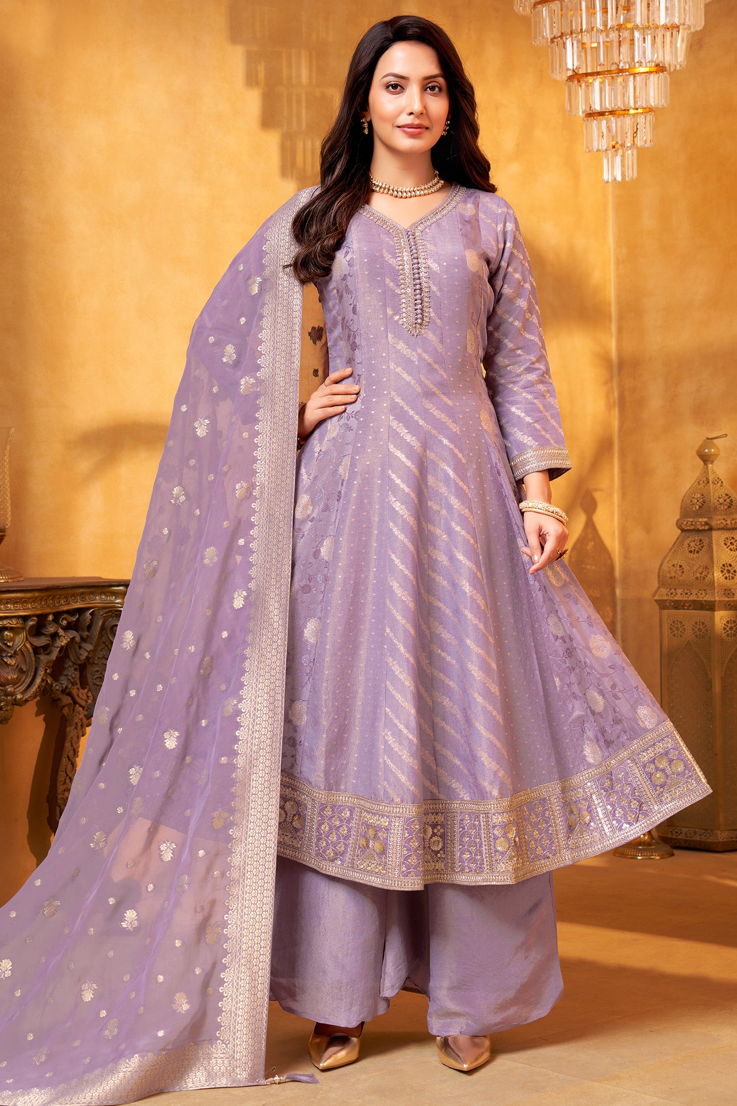 Designer Lavender Purple Tissue Woven Anarkali Palazzo Suit for festive wear