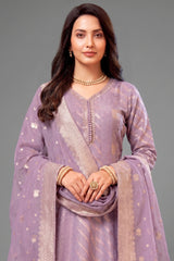 Close-up of woven patterns on Lavender Purple Tissue Anarkali Palazzo Suit
