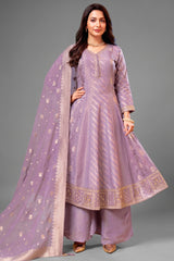 Lavender Purple Tissue Woven Anarkali Palazzo Suit - Front View