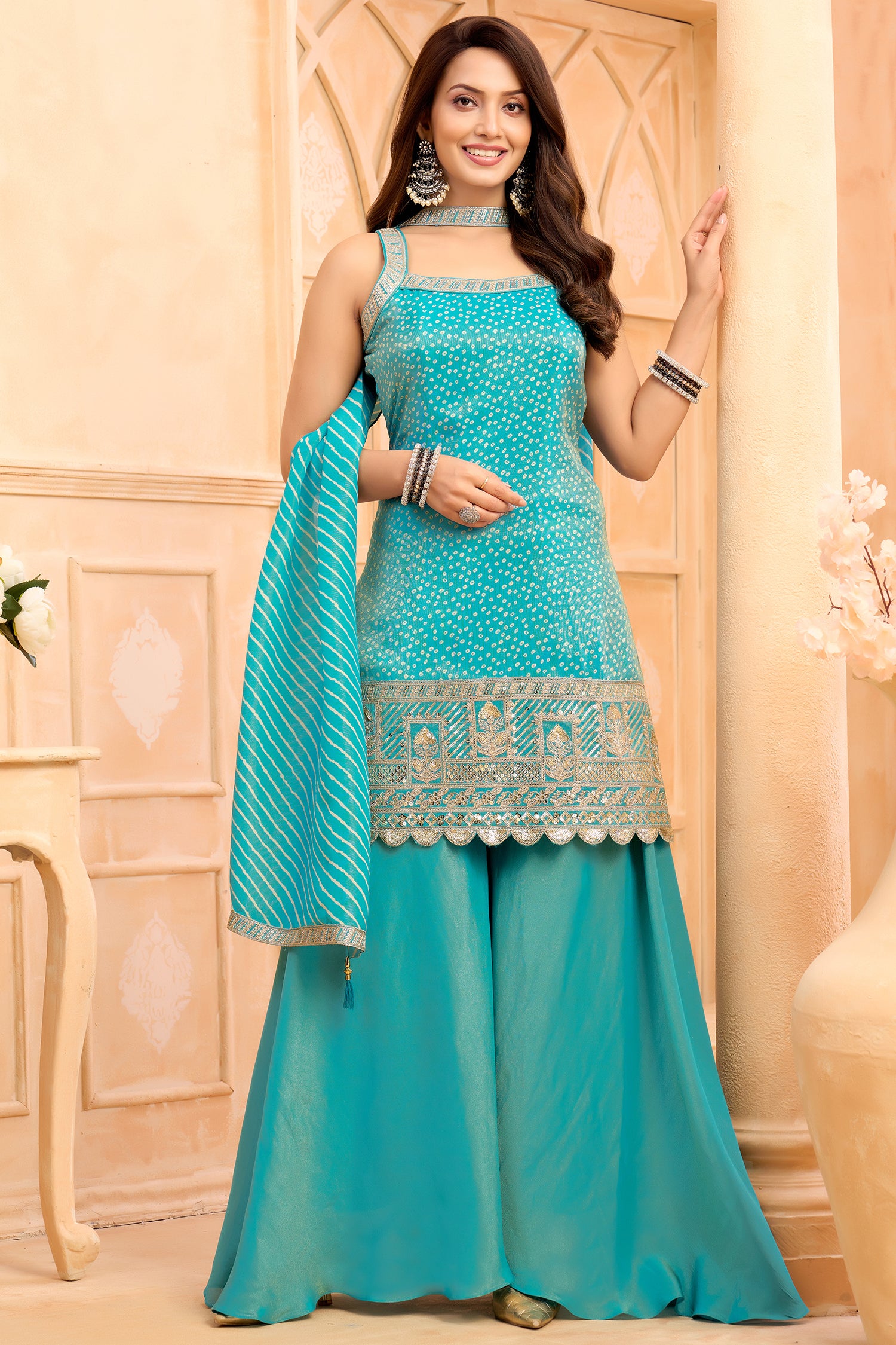 Designer Turquoise Blue Tissue Printed Palazzo Suit for festive and wedding wear