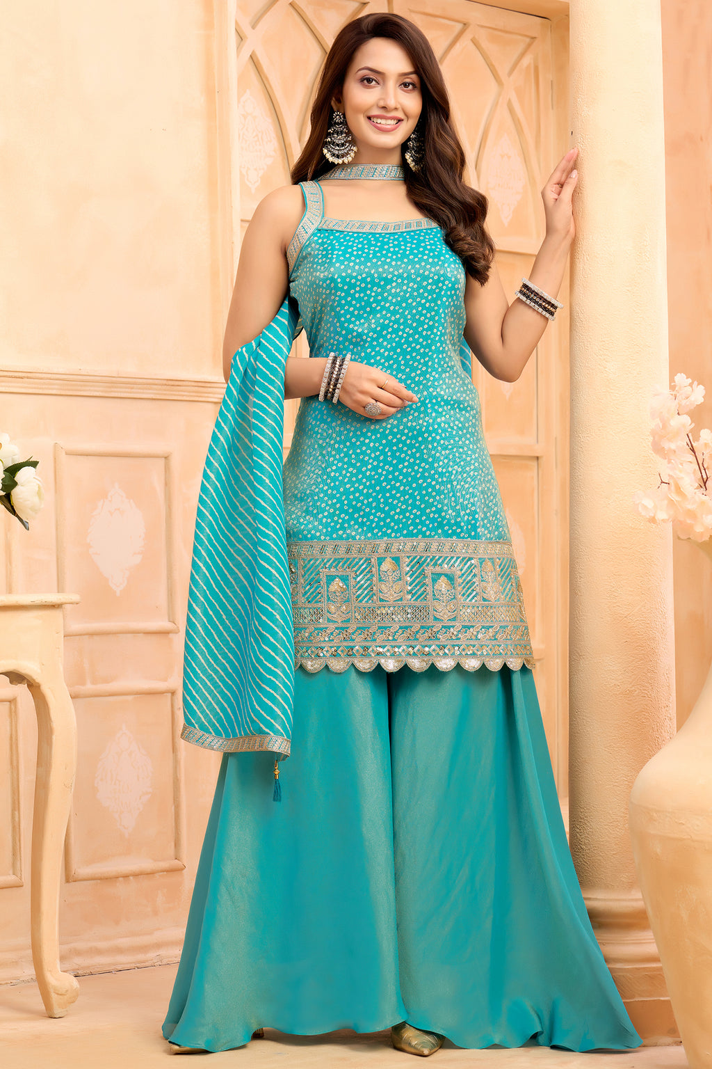 Designer Turquoise Blue Tissue Printed Palazzo Suit for festive and wedding wear