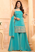 Designer Turquoise Blue Tissue Printed Palazzo Suit for festive and wedding wear
