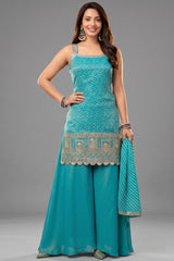 Turquoise Blue Tissue Printed Palazzo Suit with Floral Designs - Front View