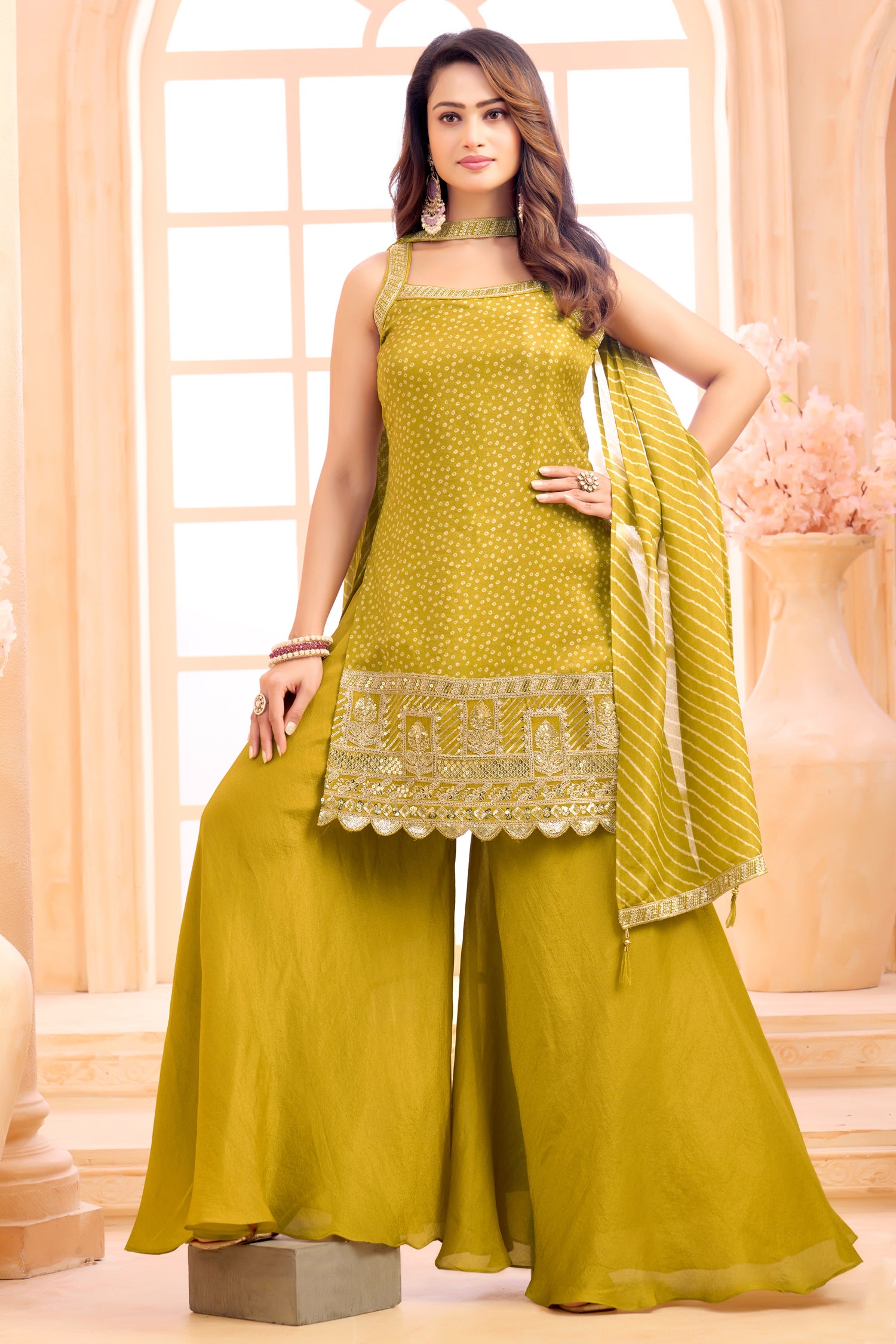 Stylish Lime Green Tissue Printed Palazzo Suit for festive and summer wear