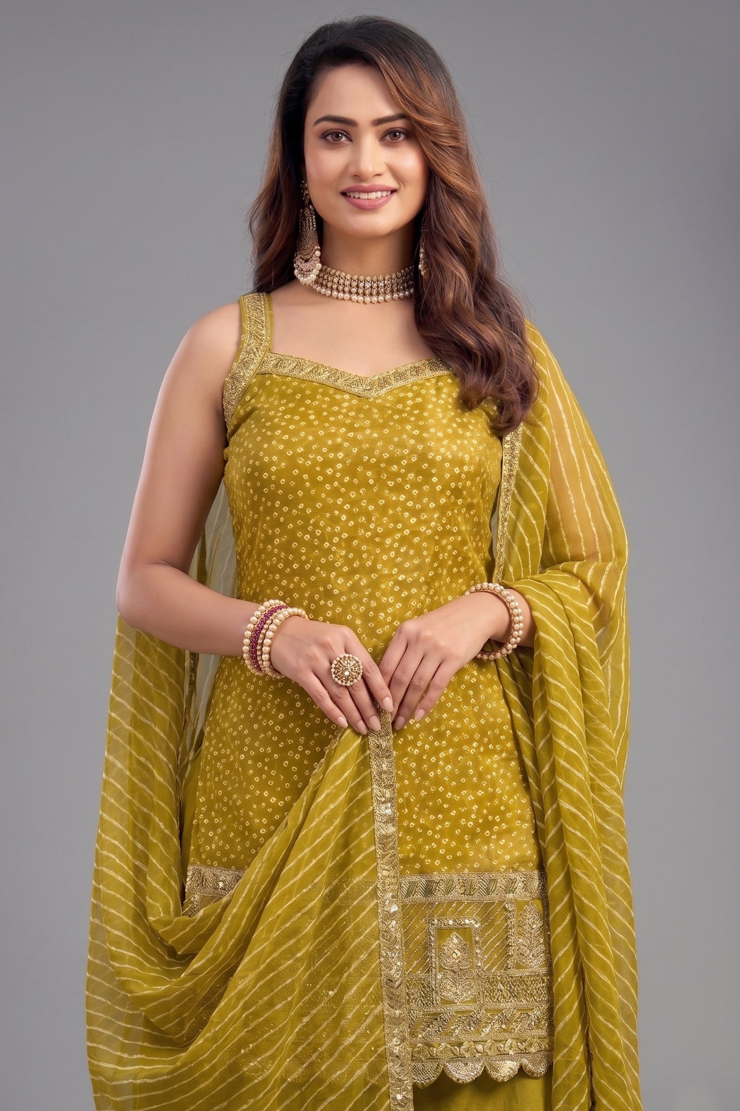 Close-up of the breathable tissue fabric and print on Lime Green Palazzo Suit