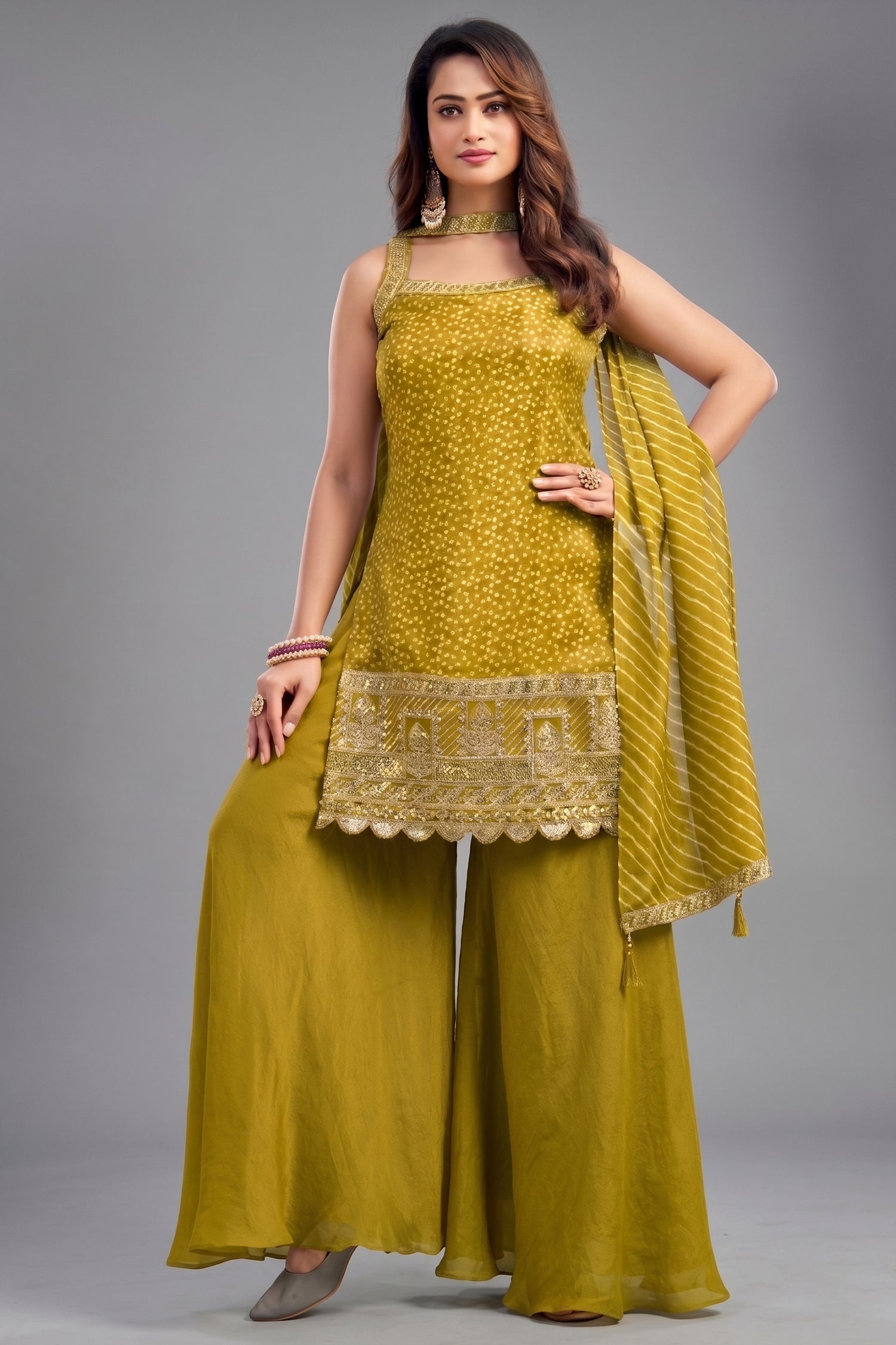 Lime Green Tissue Printed Palazzo Suit with Floral Patterns - Front View
