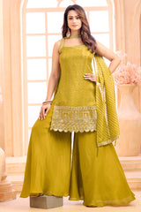 Stylish Lime Green Tissue Printed Palazzo Suit for festive and summer wear
