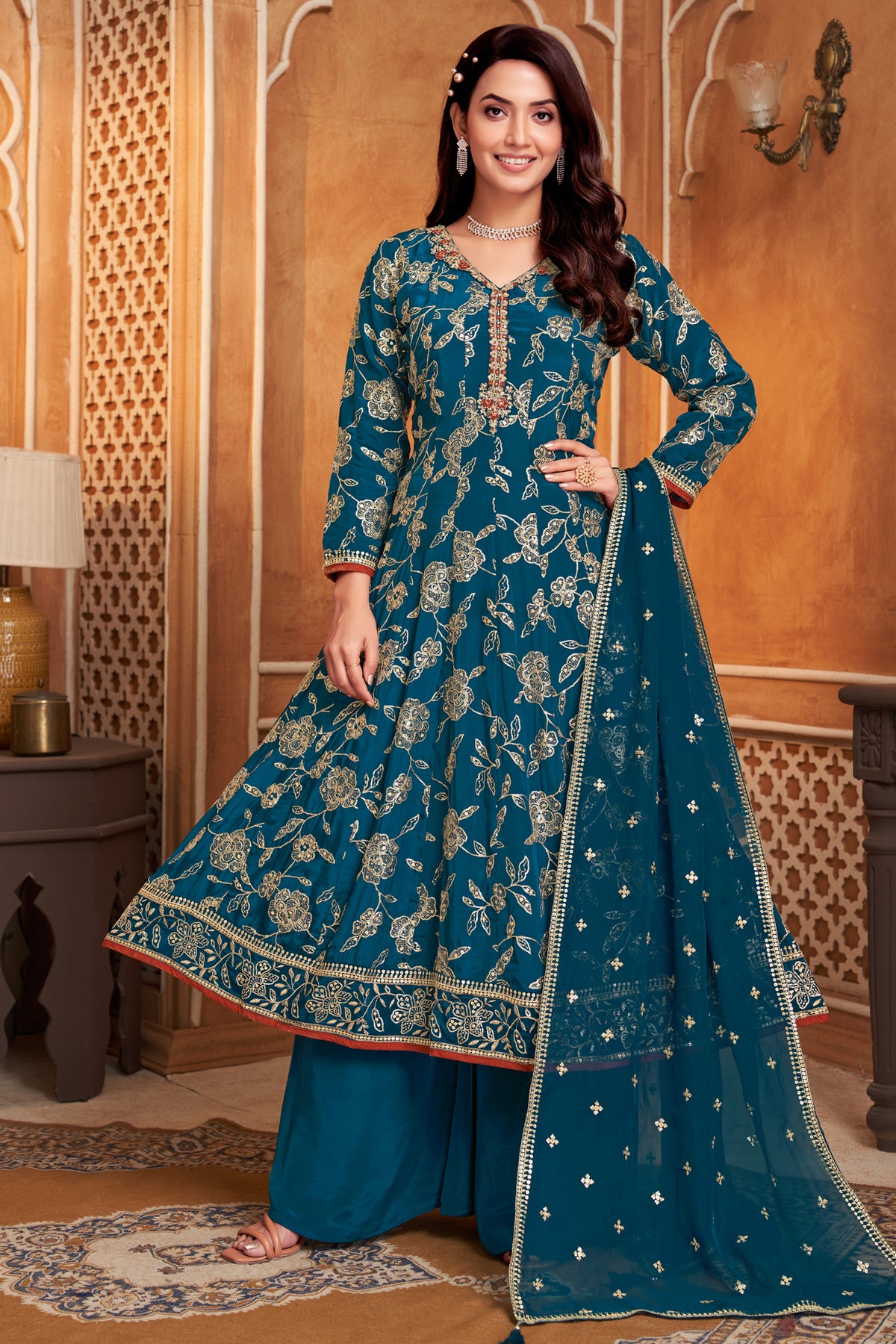 Elegant Prussian Blue Crepe Silk Sequin Worked Anarkali Suit for weddings