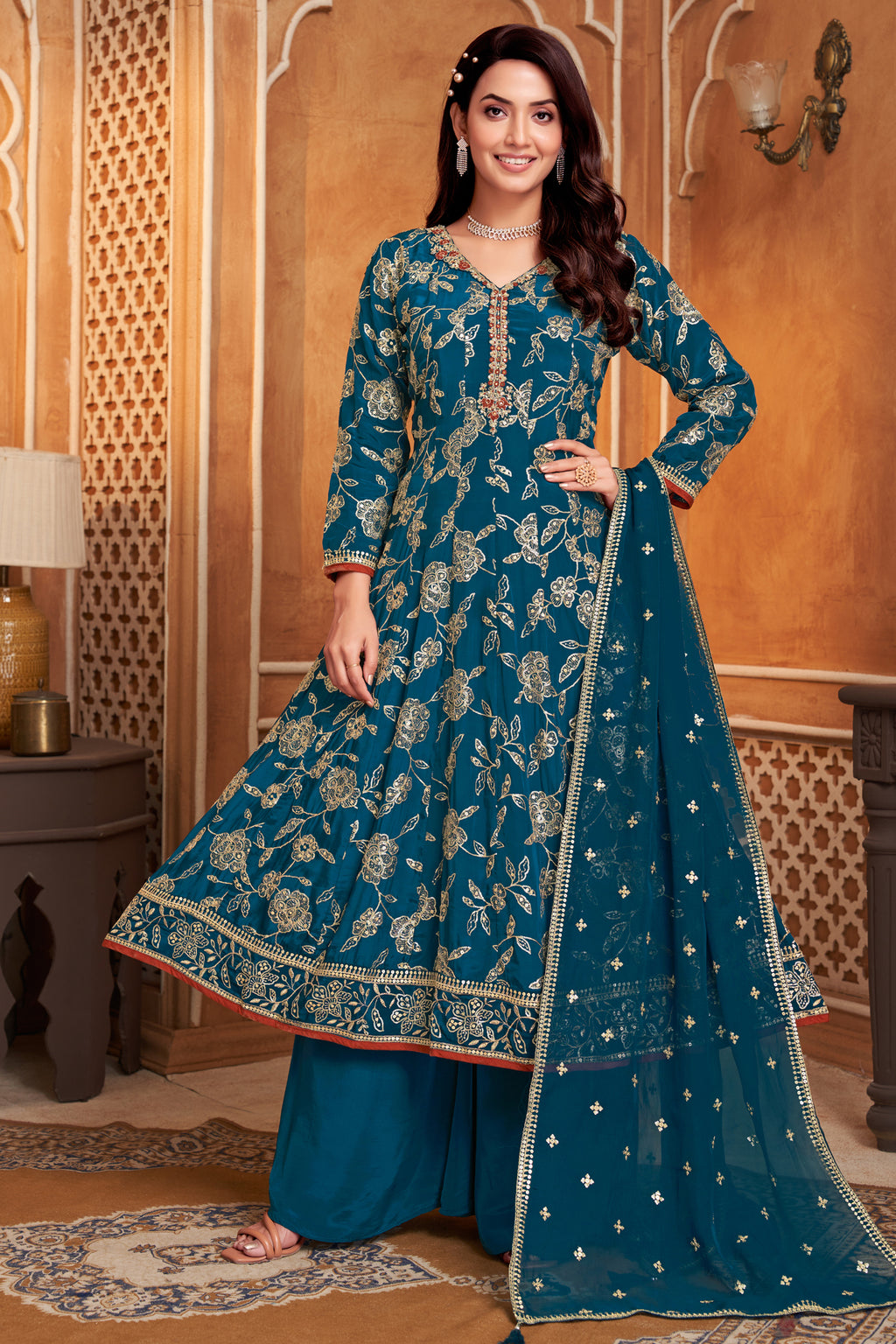Elegant Prussian Blue Crepe Silk Sequin Worked Anarkali Suit for weddings