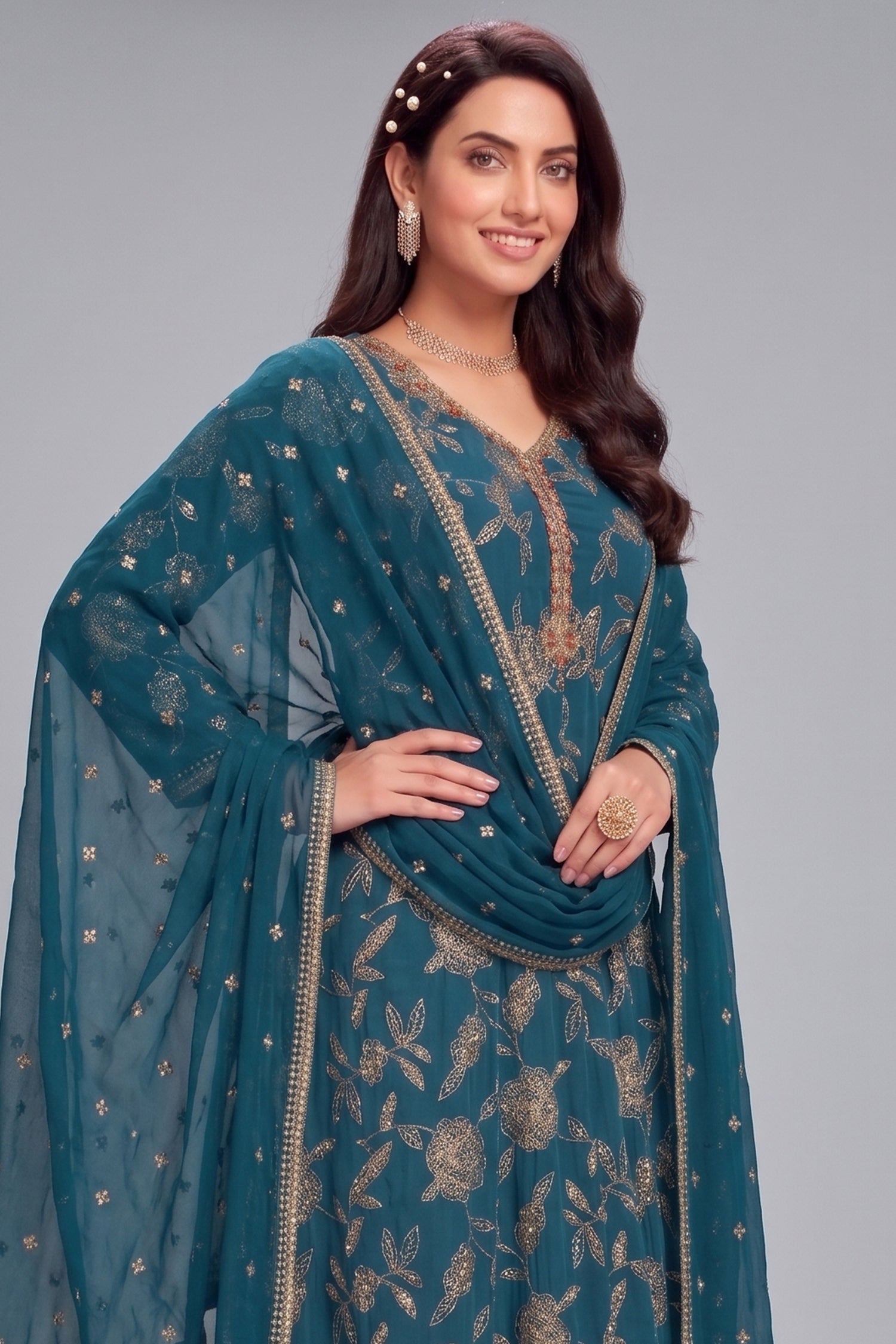 Close-up of intricate sequin detailing on Prussian Blue Crepe Silk Anarkali Suit