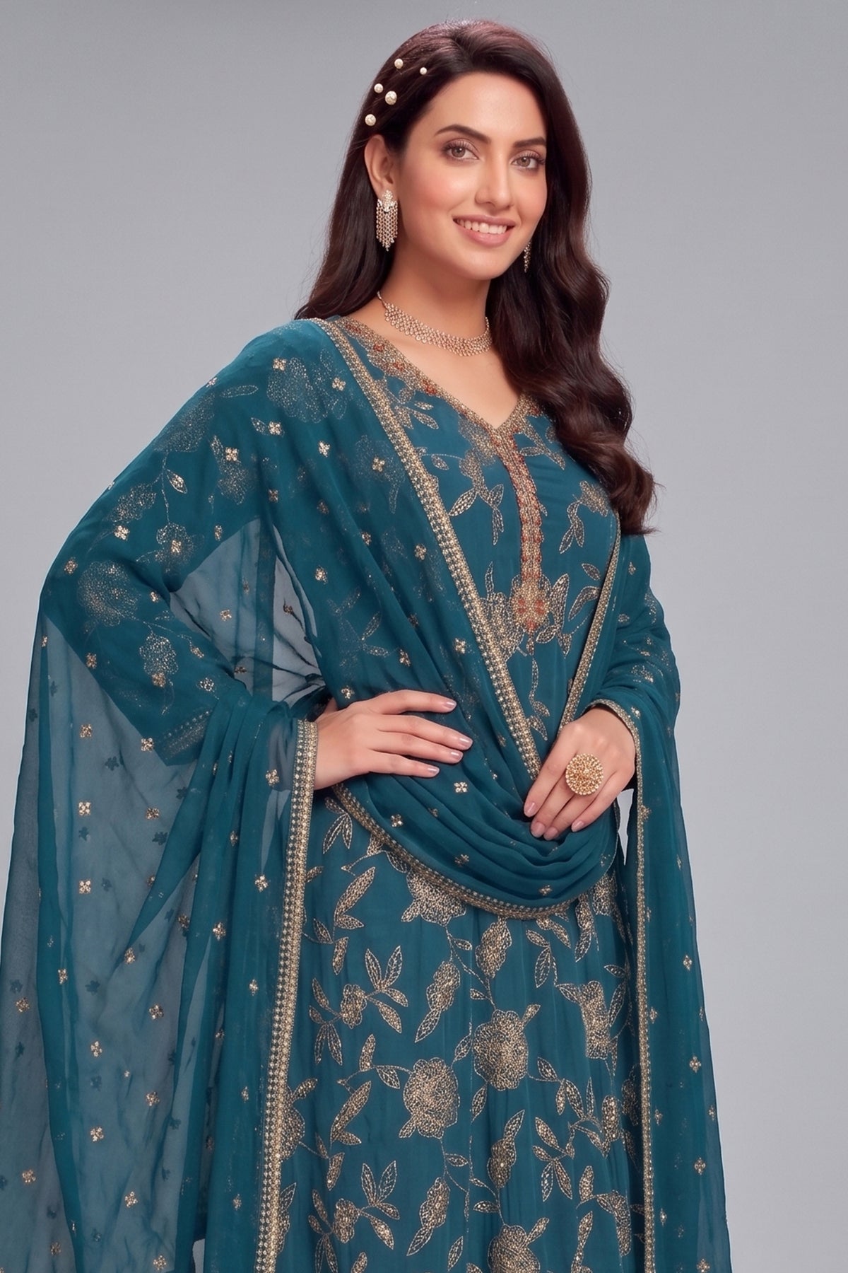 Close-up of intricate sequin detailing on Prussian Blue Crepe Silk Anarkali Suit