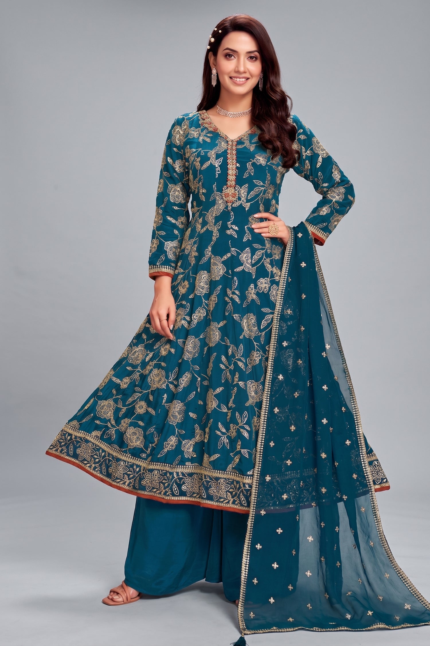 Prussian Blue Crepe Silk Anarkali Suit with Sequin Work - Front View