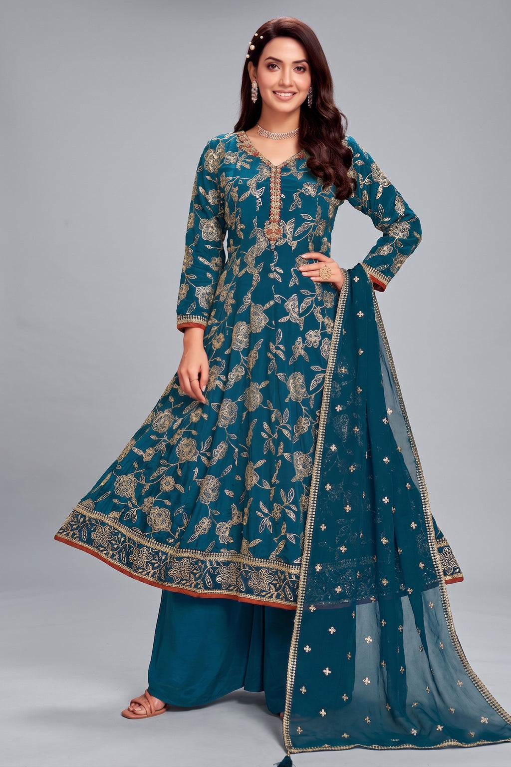 Prussian Blue Crepe Silk Anarkali Suit with Sequin Work - Front View