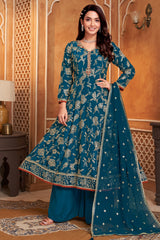 Elegant Prussian Blue Crepe Silk Sequin Worked Anarkali Suit for weddings