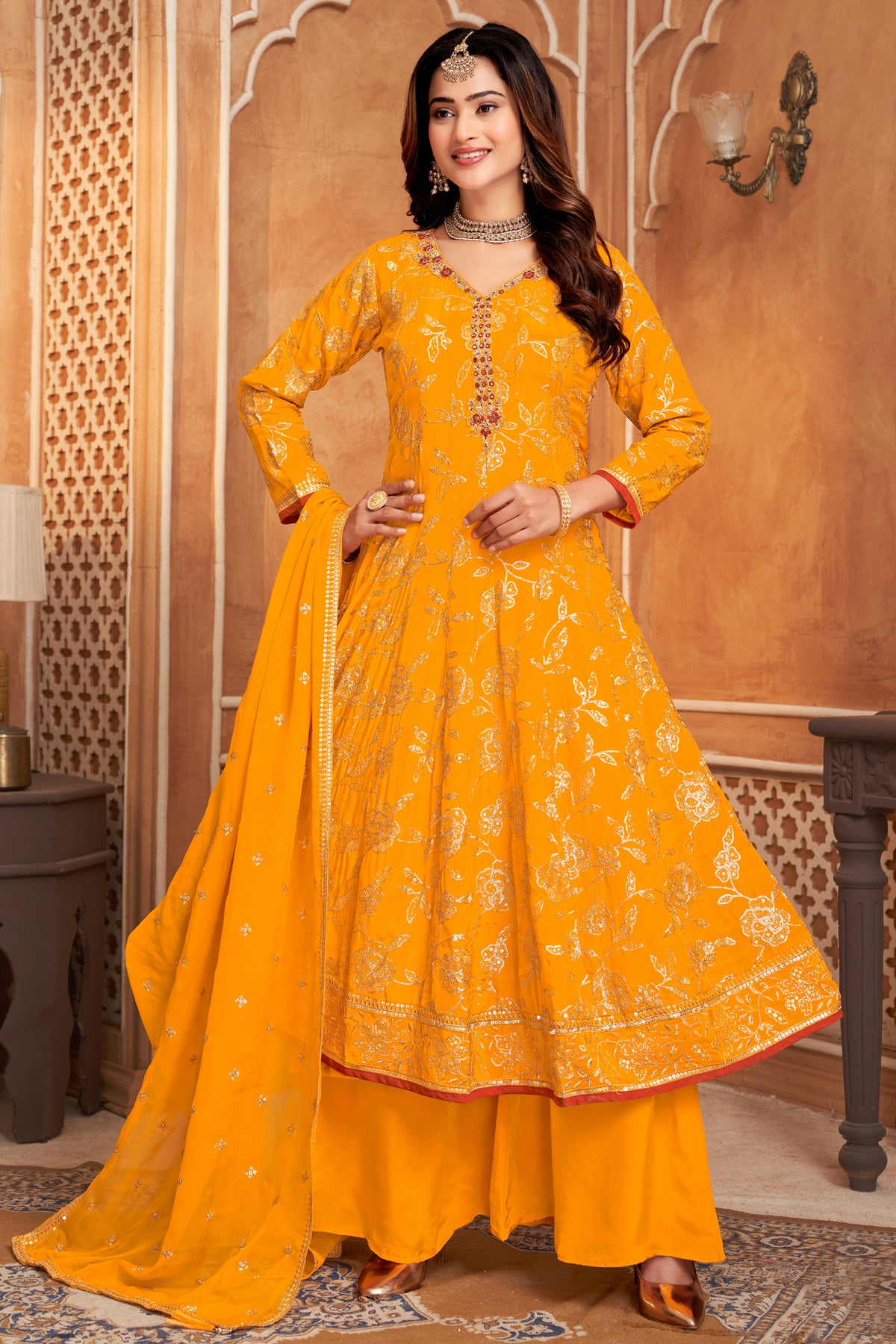 Yellow Crepe Silk Anarkali Palazzo Suit with Sequin Work - Front View