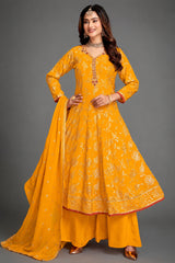 Yellow Crepe Silk Anarkali Palazzo Suit with exquisite sequin work embroidery front view