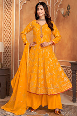 Yellow Crepe Silk Anarkali Palazzo Suit with Sequin Work - Front View