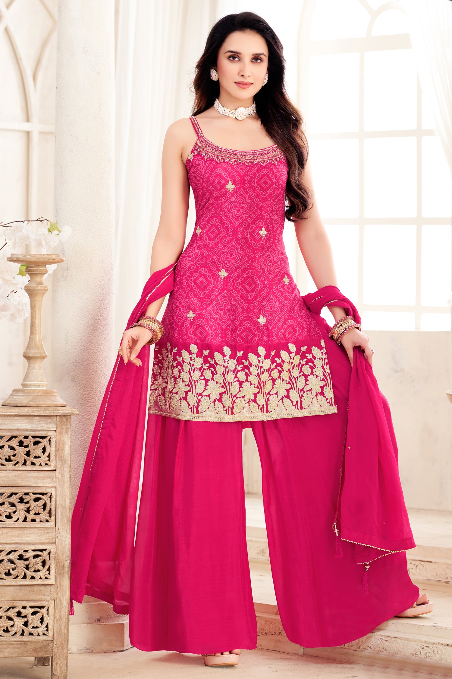 Elegant Pink Chinon Chiffon Palazzo Suit with dupatta for festive celebrations