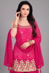 Close-up of floral print and Gota embroidery on Pink Chinon Chiffon Palazzo Suit