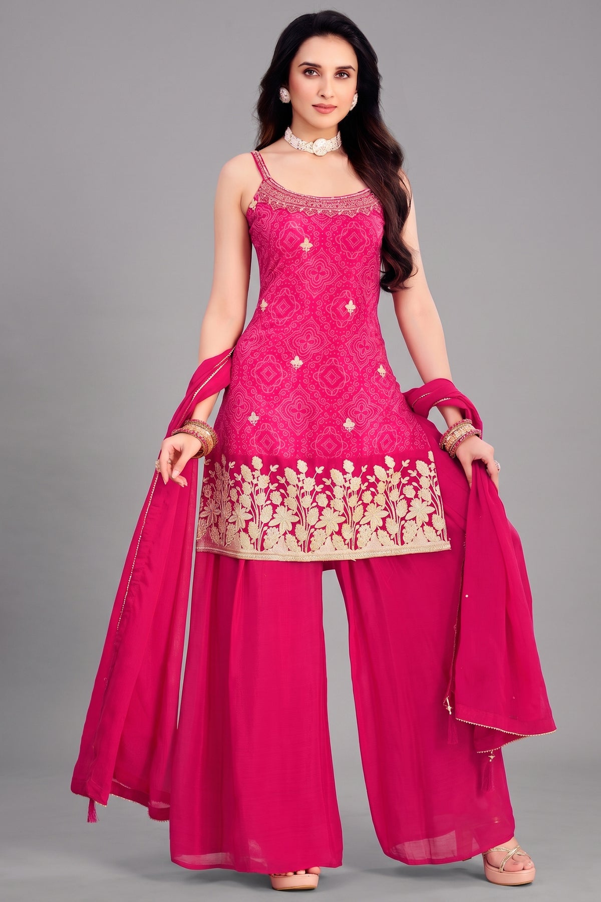 Pink Chinon Chiffon Palazzo Suit with Gota Work - Front View