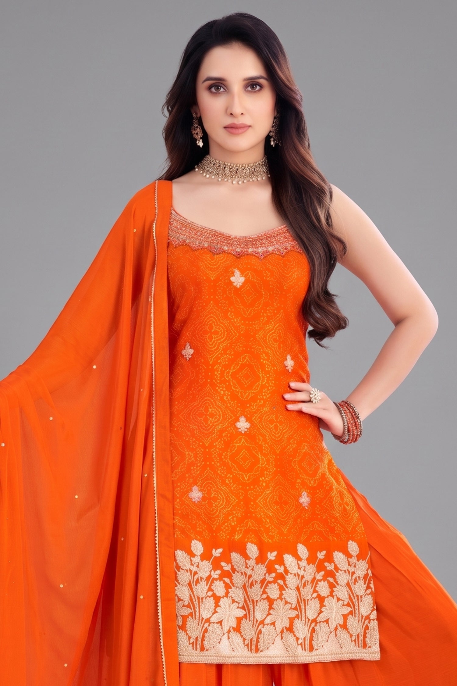 Close-up of Gota work and floral print on Orange Chinon Chiffon Palazzo Suit